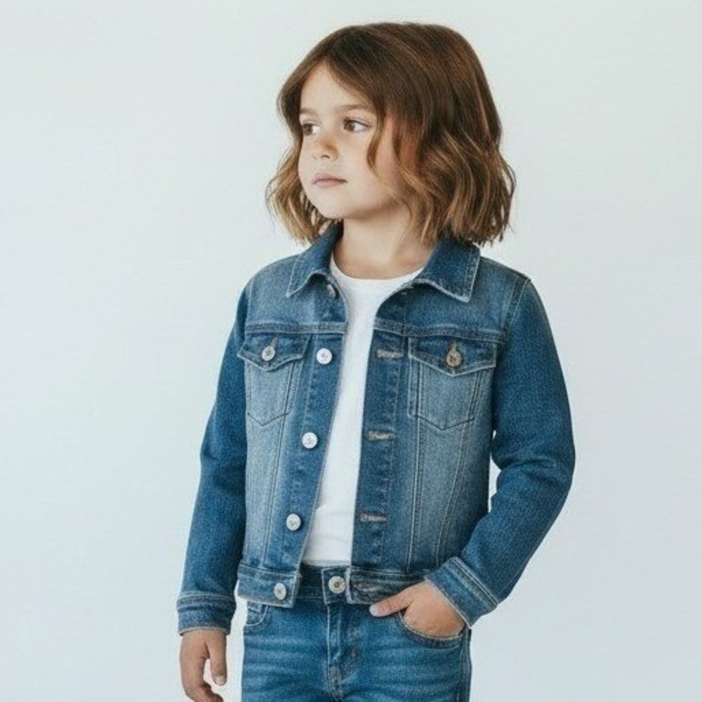 Hanna Andersson Girls Denim Trucker Jacket Medium Wash Pink Gingham Trim SZ 5T